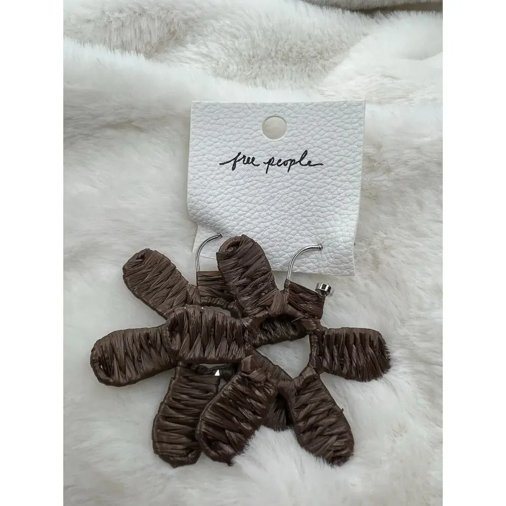 NWT Free People Wendy Woven Flower Hoop Earrings Chocolate Brown Boho Multi